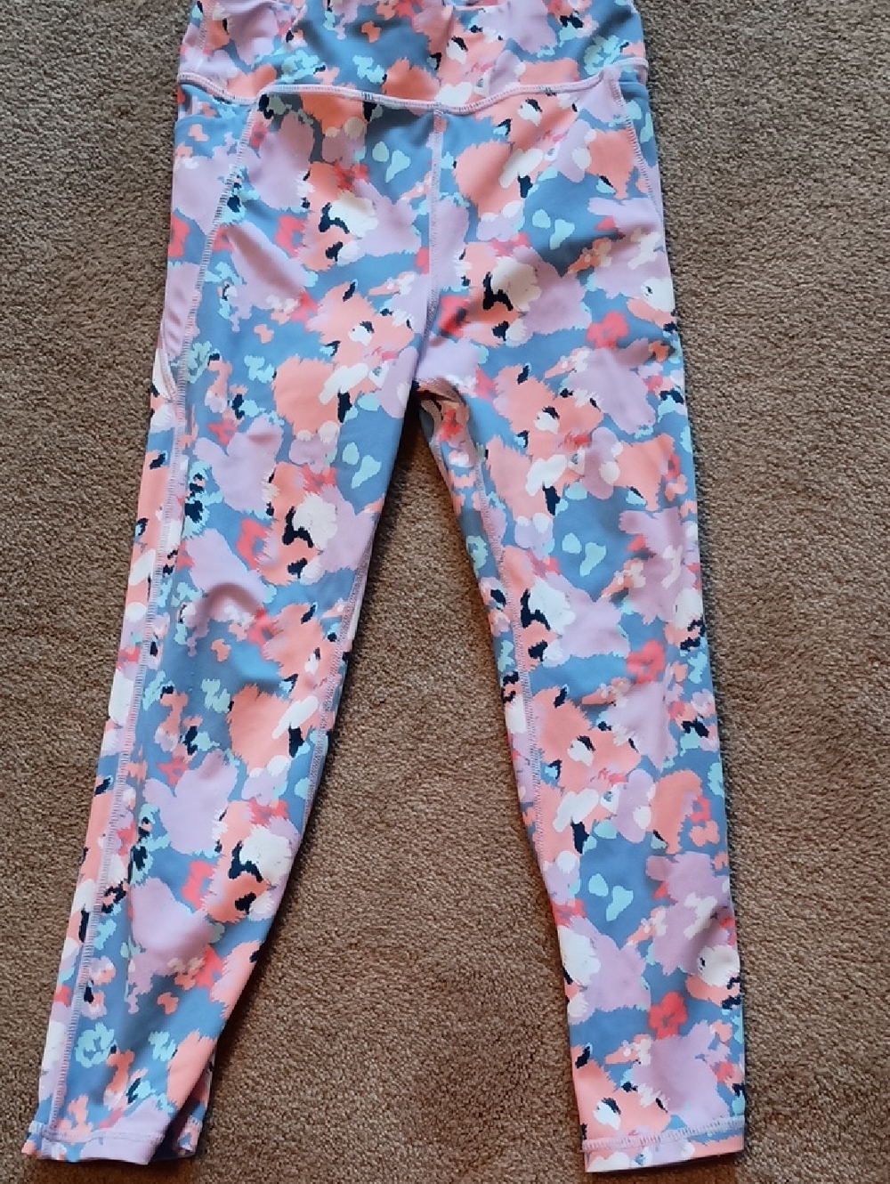 Senita Athletics GIRLS Coral Pink & Light Blue Floral Leggings